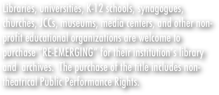 Non-theatrical Public Performance Rights allow the purchaser to screen the film for groups of 25 or less. These rights are guaranteed in perpetuity for the life of the copy. No admission can be charged and screenings may not be open to the public.  
If your intended audiences is larger than 25, if you will be charging an admission fee, or opening the screening to the general public. Please see the Host A Screening Page &nbsp;
Please note: Per copyright law, a home video or non-theatrical/educational DVD may never be copied.